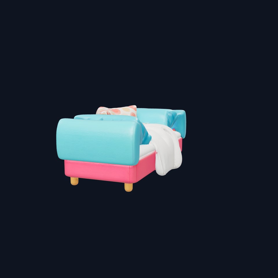 Cartoon Bed with Soft Rounded Corners and Bright Pillows