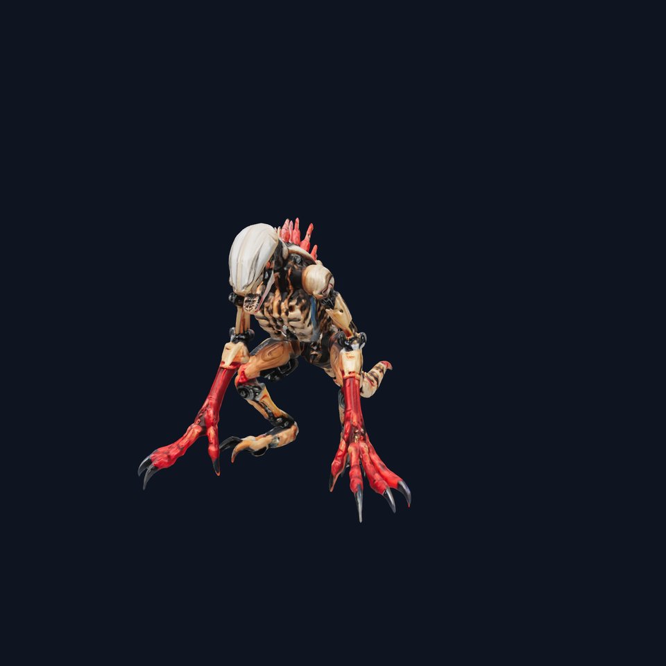 Mechanical Dinosaur Monster with Human Features and Bloody Wounds