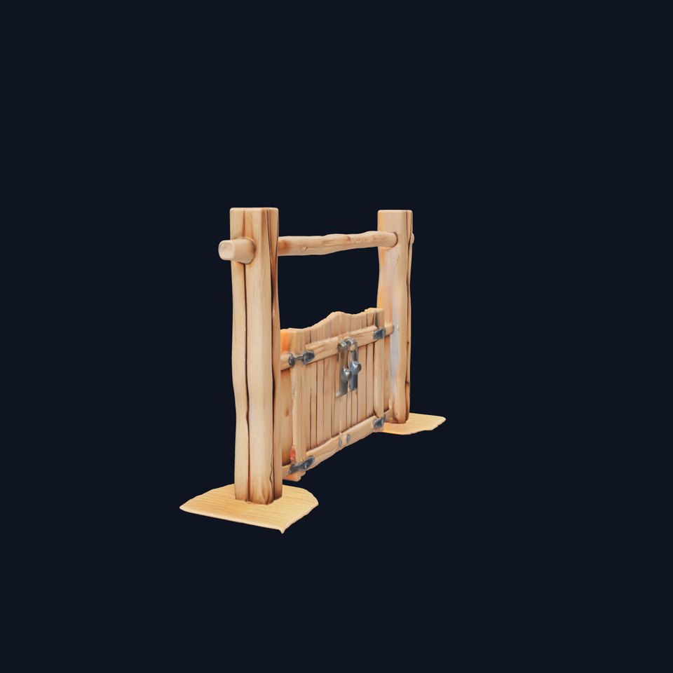 Western Slatted Wood Gate with Horn Carvings and Metal Fixtures viewer poster