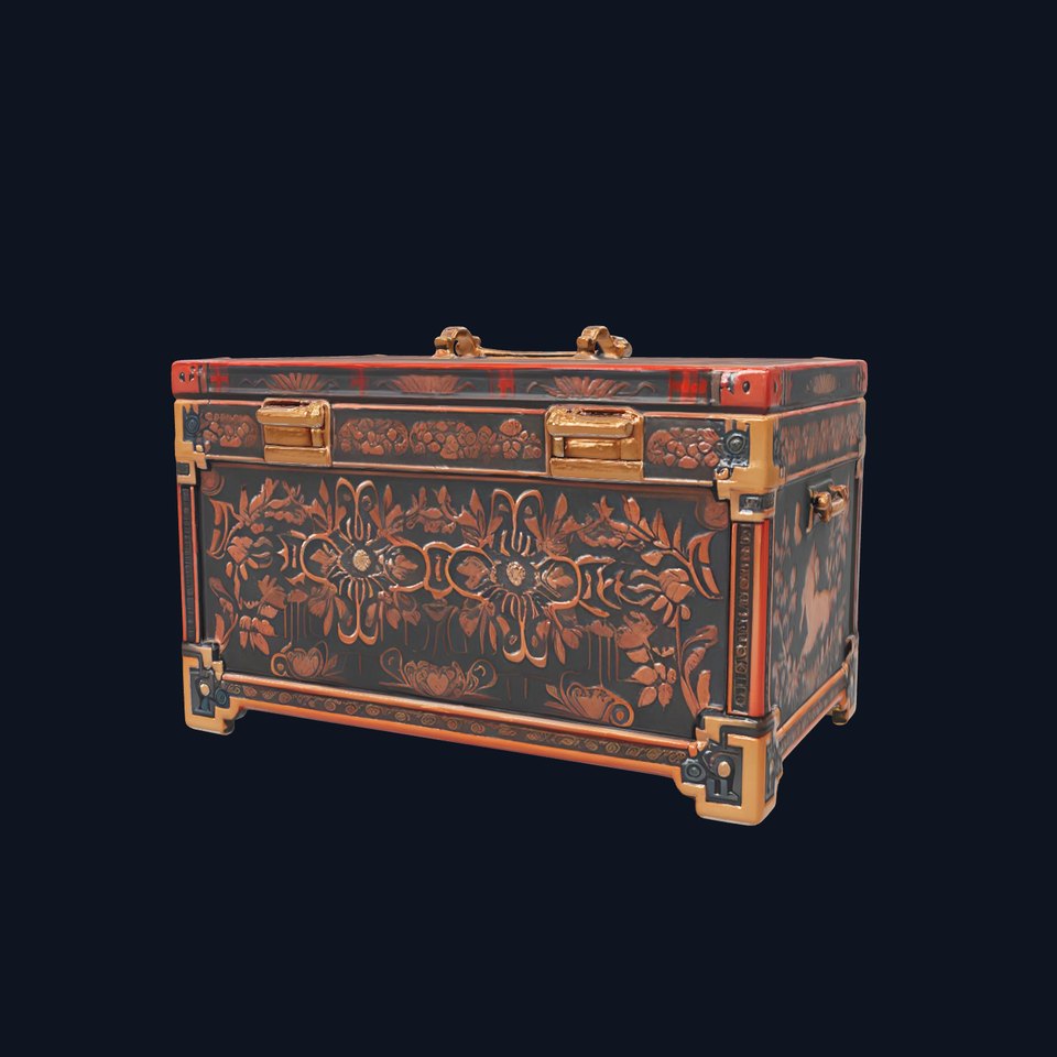 Oriental Treasure Chest with Delicate Floral Carvings and Bronze Fittings