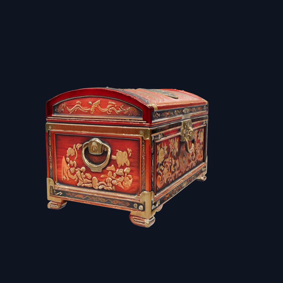 Oriental Treasure Chest with Lacquered Floral Carvings and Bronze Fittings