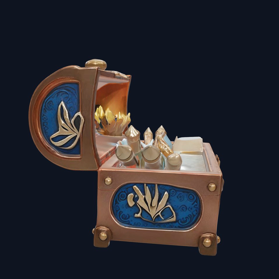 Enchanted Treasure Chest with Magical Crystals and Spellbooks