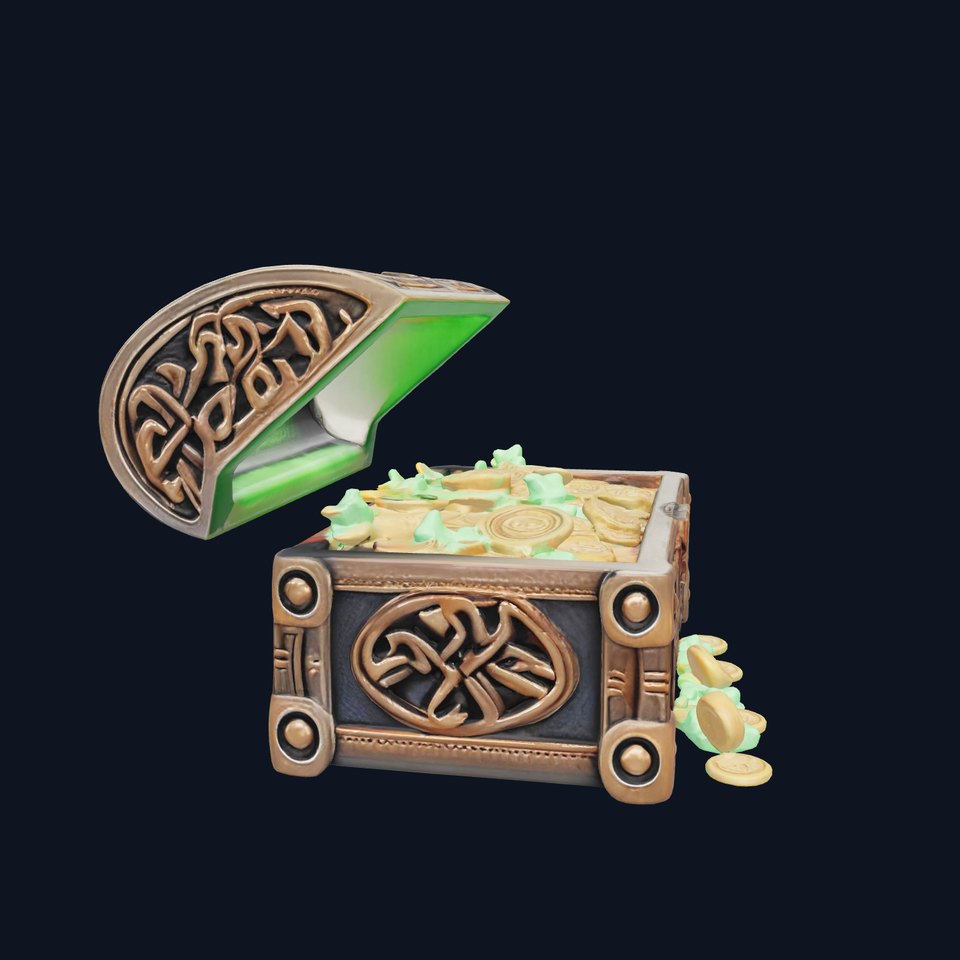 Celtic Open Treasure Chest with Emeralds and Ancient Coins