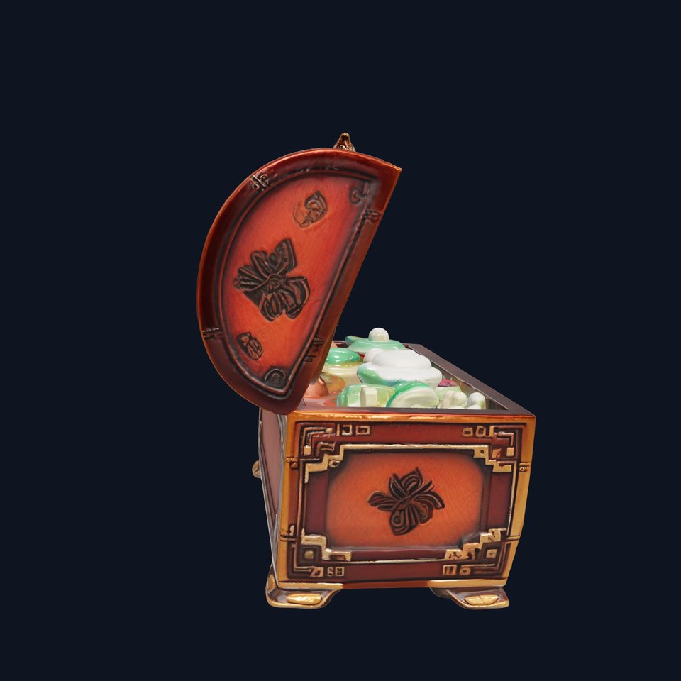 Oriental Treasure Chest with Jade and Porcelain Artifacts