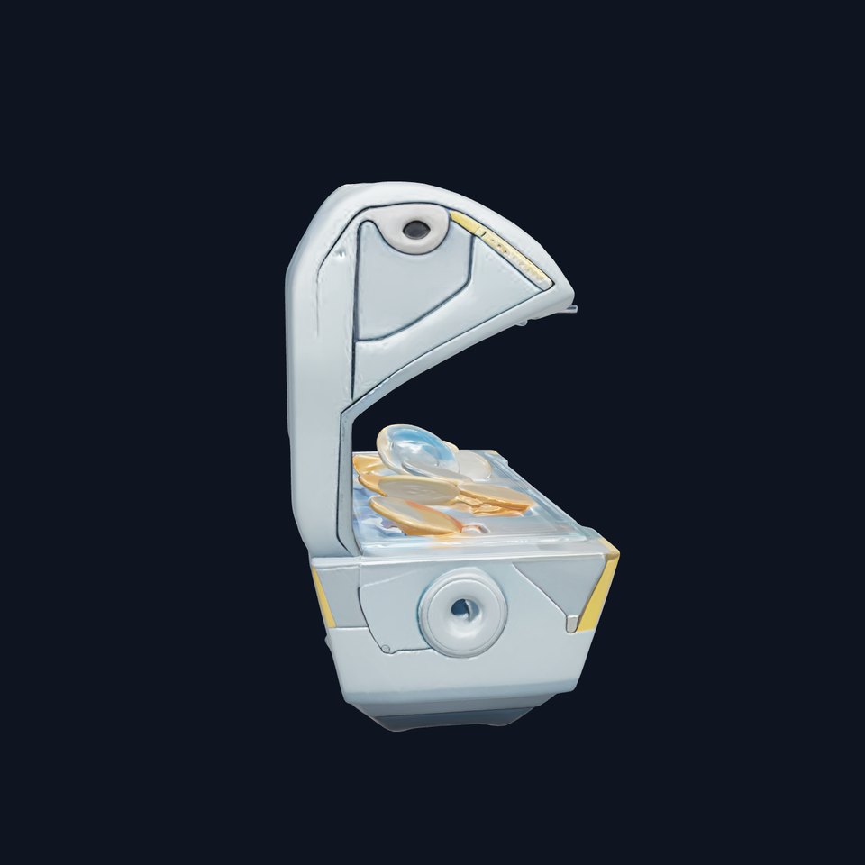 Futuristic Open Treasure Chest with Holographic Gems and Coins