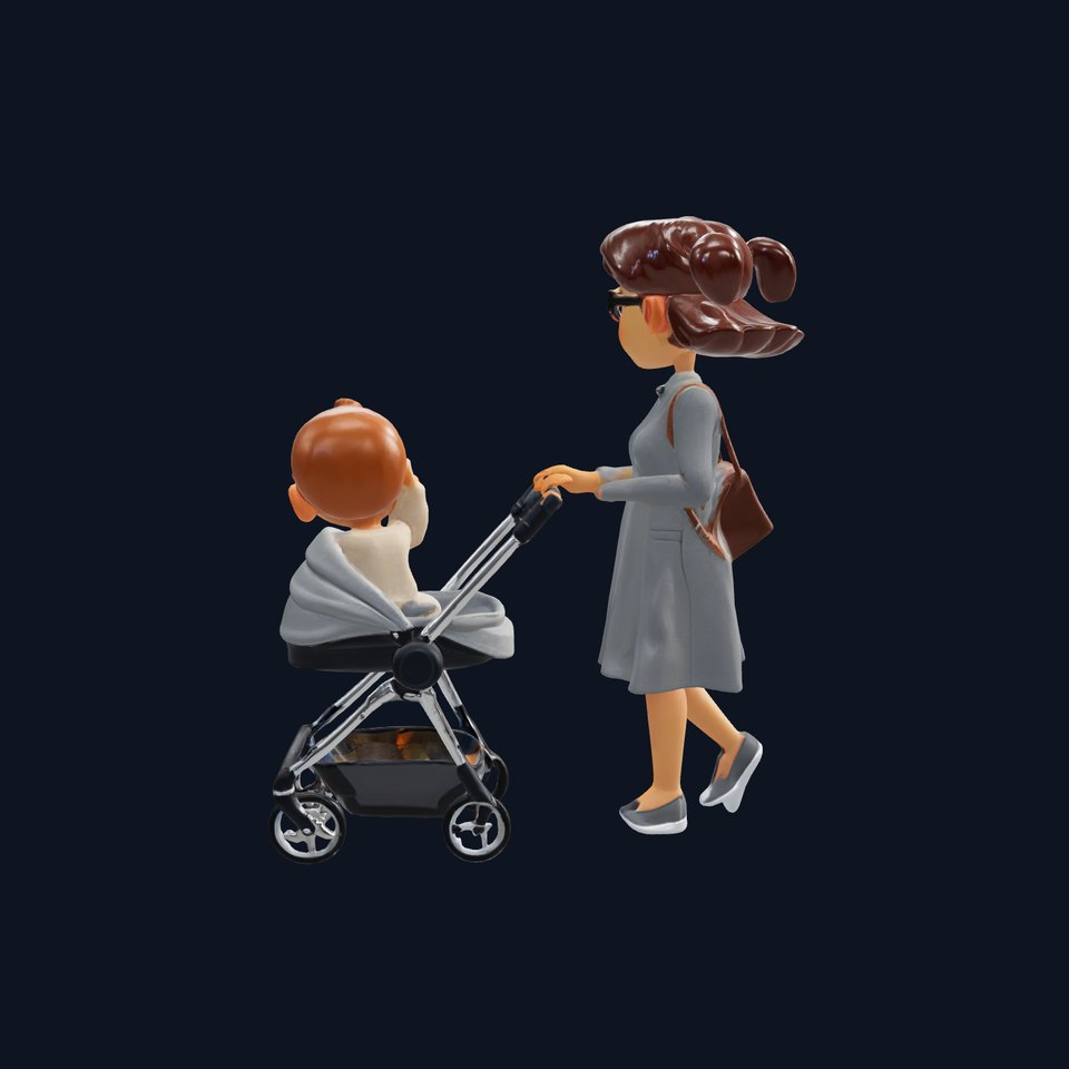 Cartoon Woman and Baby Stroller Character model pack