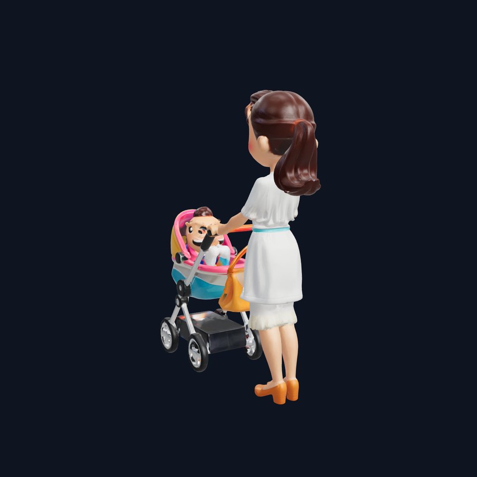 Stylized Woman and Baby with Colorful Stroller model pack