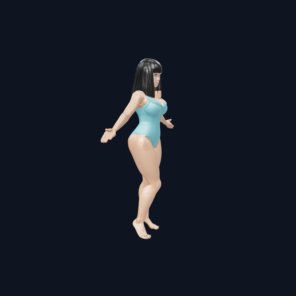 Stylized Female Character with Black Hair and Swimsuit