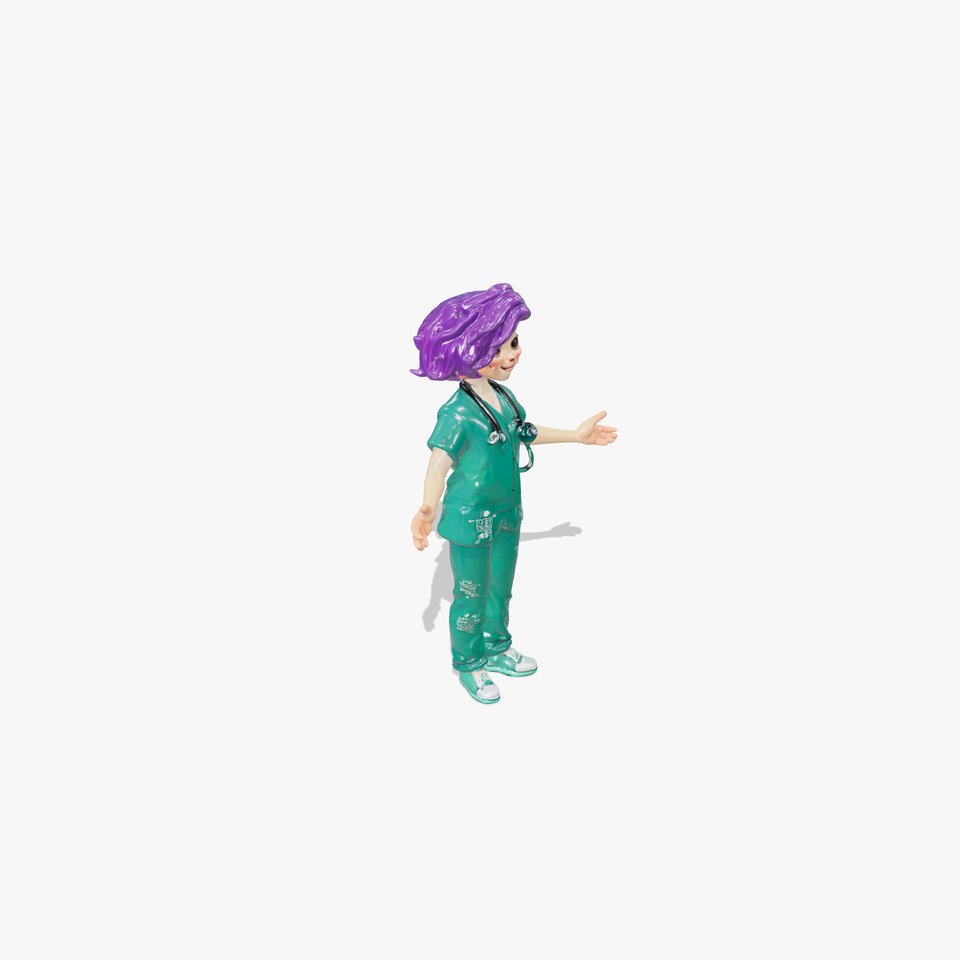 Animated D Medical Character with Purple Hair and Stethoscope
