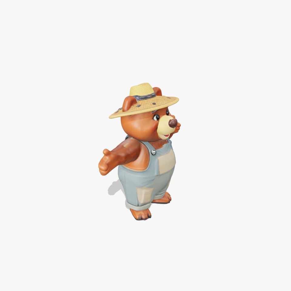 Animated Rigged Bear Character with Overalls and Straw Hat viewer poster