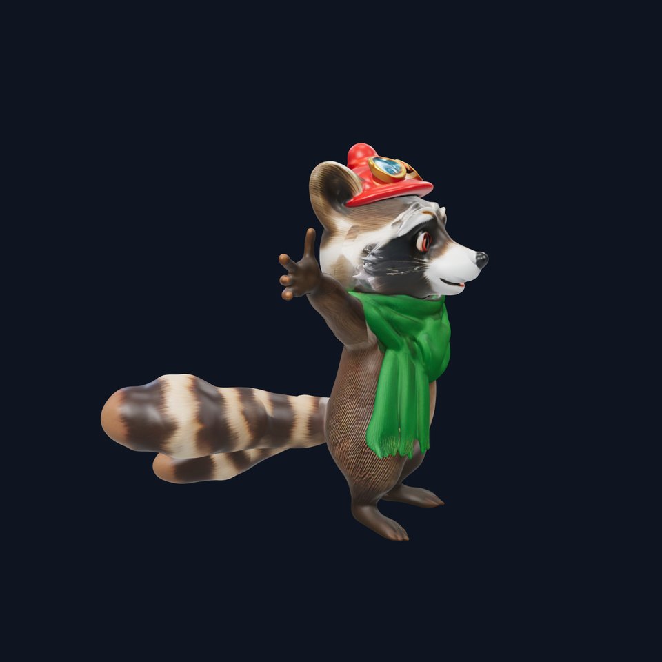 Adventurous Raccoon with Scarf Rigged and Animated Character Model
