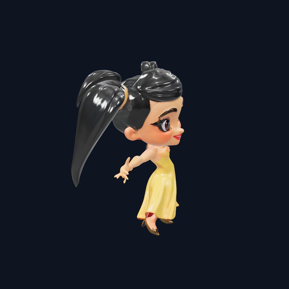 Chibi Girl Character in Gold Dress  Rigged and Animated D Model