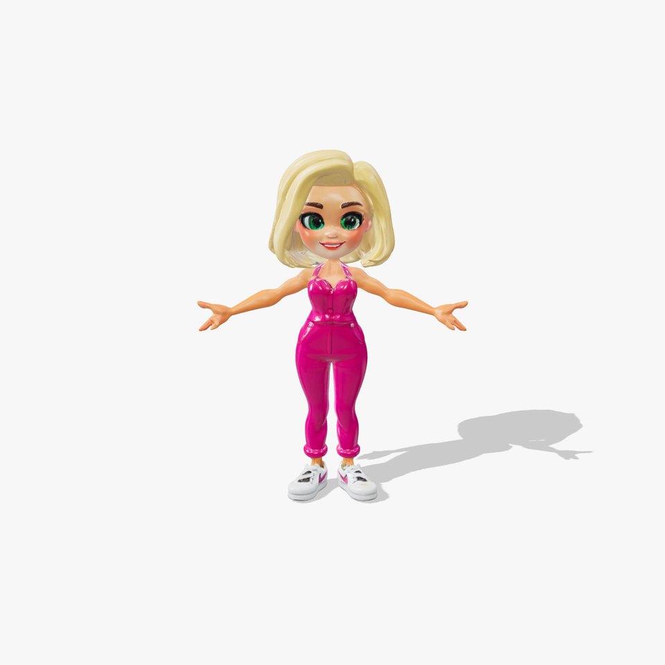 Charming Cartoon Girl in Pink Jumpsuit  Rigged and Animated