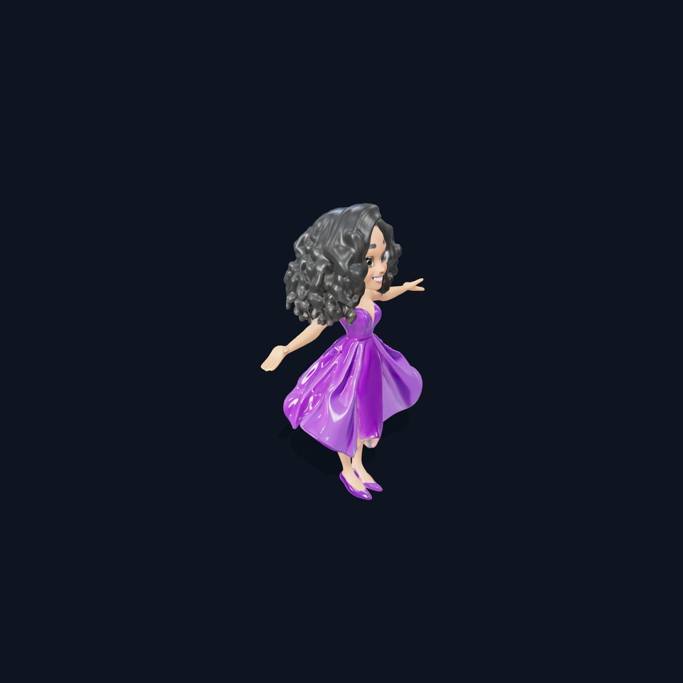 CurlyHaired Animated Character in Purple Dress Rigged and Animated