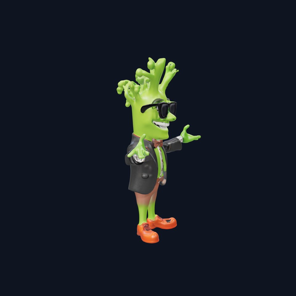 Green Vegetation Character Rigged and Animated with Suit and Glasses