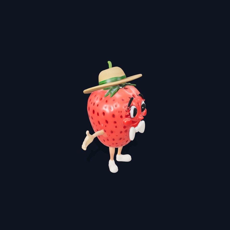 Strawberry Character D Model Rigged and Animated with Hat and Bowtie