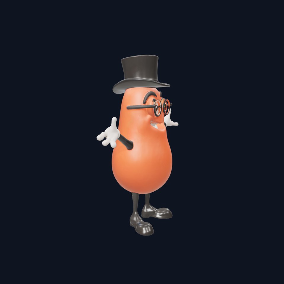 Cheerful Bean Character with Top Hat and Glasses  Rigged and Animated