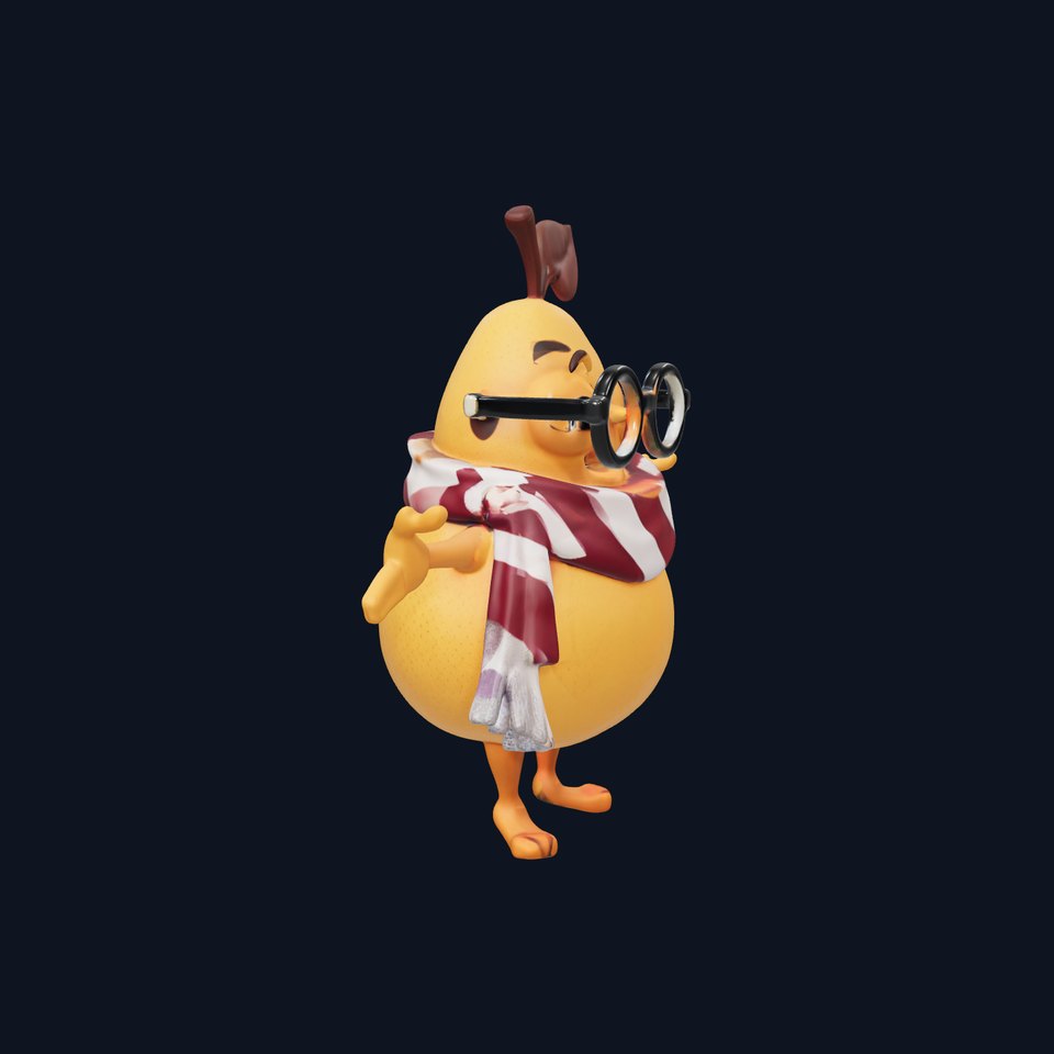 Cheerful Pear Character Rigged and Animated with Glasses and Scarf