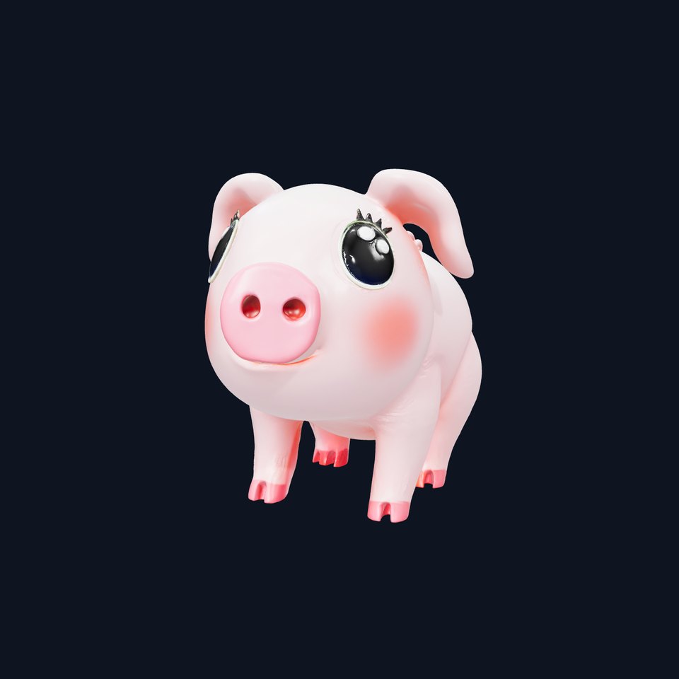 Cartoon piglet with rounded pink body tiny snout and curly tail It features soft textures and sparkling eyes that emphasize innocence