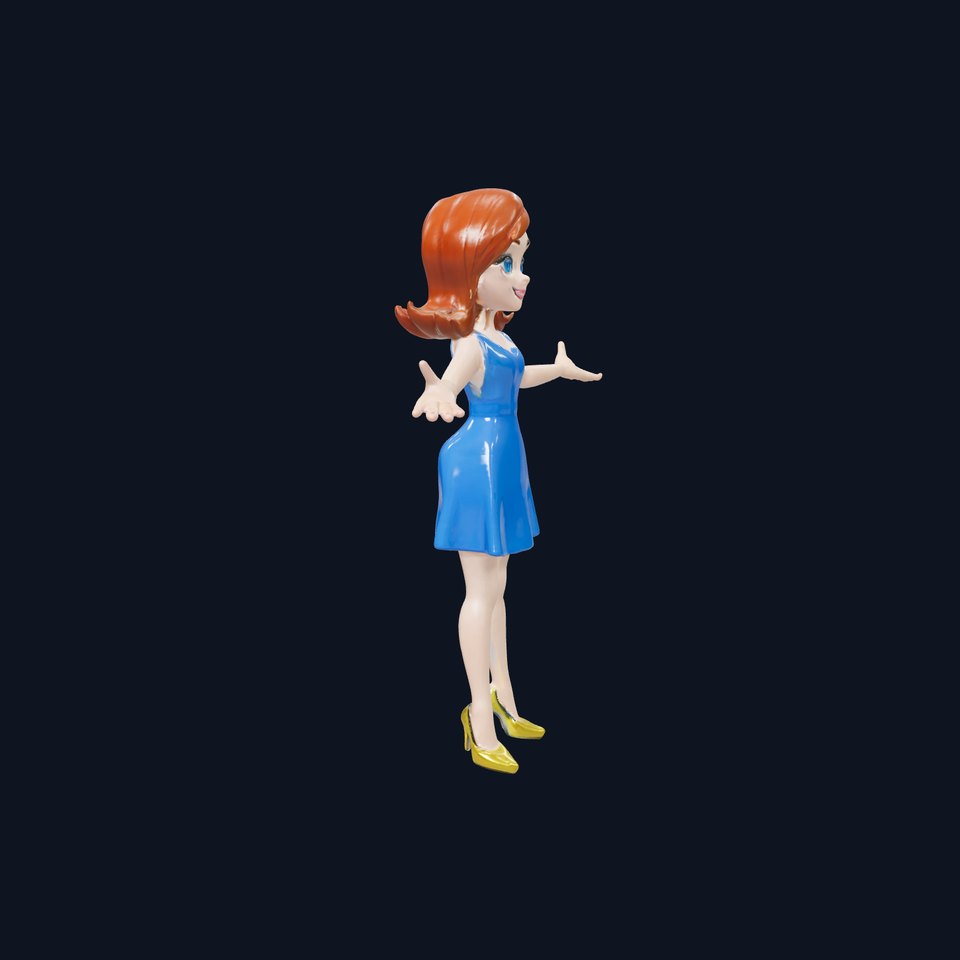 Smiling Female D Character in Blue Dress Rigged and Animated viewer poster