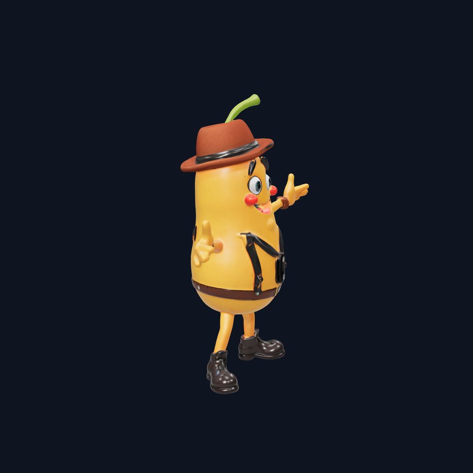 Animated and Rigged Happy Pear Character with Hat and Suspenders viewer poster